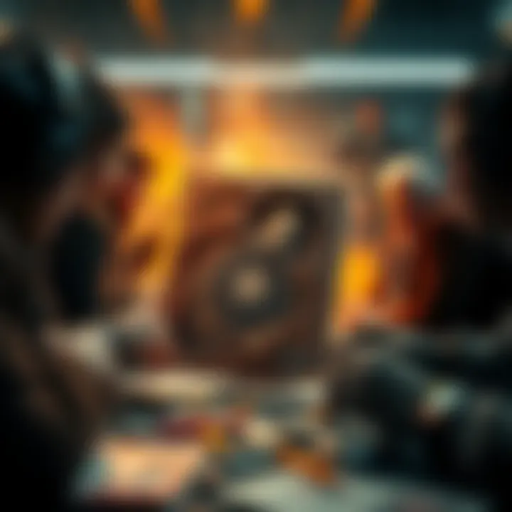 A close-up of a damaged collectible item, surrounded by curious collectors discussing its significance.