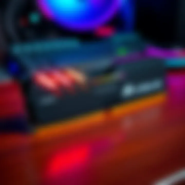 A close-up view of CORSAIR DOMINATOR TITANIUM RGB RAM featuring bright RGB lights and a sleek design, set on a wooden desk background.