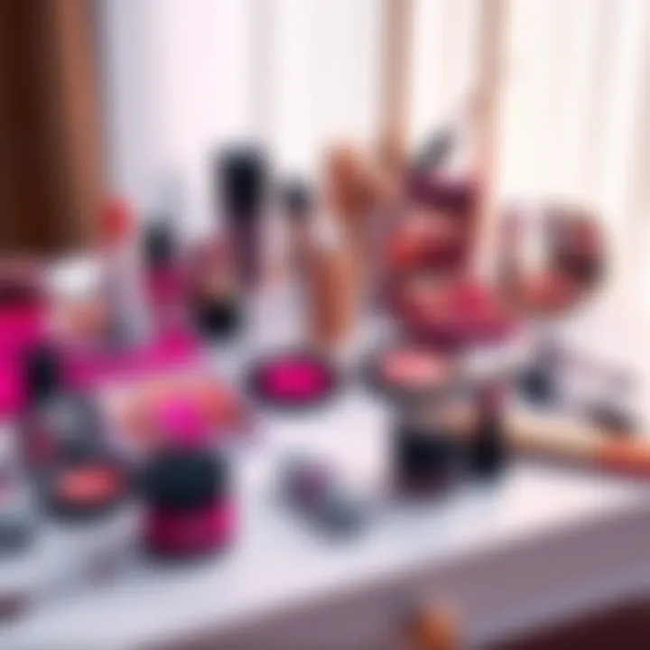 A colorful assortment of beauty products from the Corsaro Cosmetic Set including lipsticks, eyeshadows, and blushes arranged elegantly on a vanity.