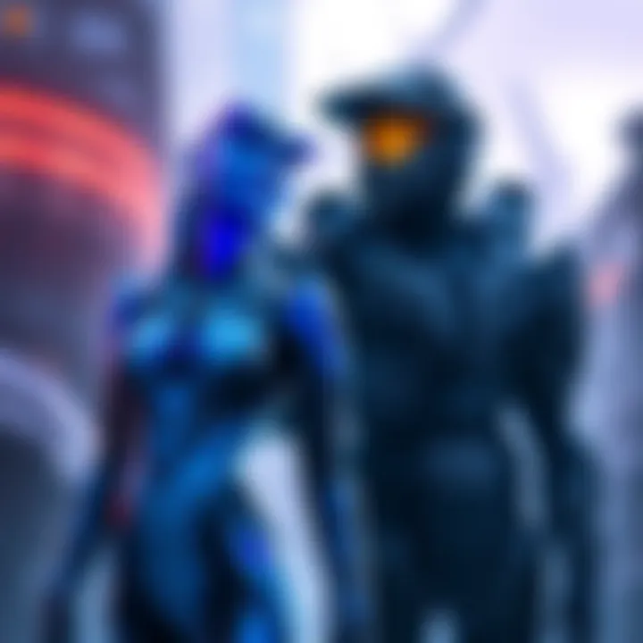 Cortana, a blue AI character, and Arbiter, a warrior with alien armor, standing together in a futuristic setting.