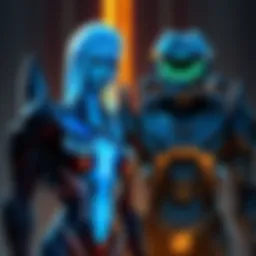 Cortana, a blue holographic figure, stands beside Arbiter, a fierce alien warrior in armor, showcasing their partnership in the Halo game series.