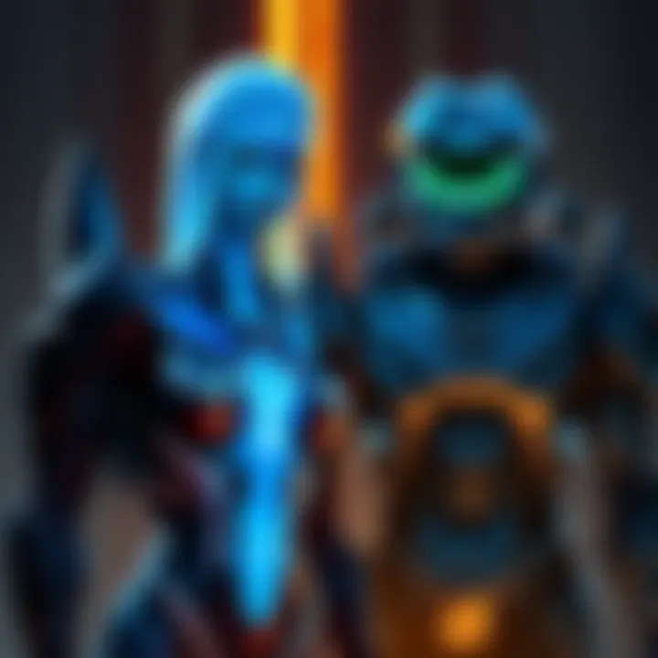 Cortana and Arbiter in Halo Cortana, a blue holographic figure, stands beside Arbiter, a fierce alien warrior in armor, showcasing their partnership in the Halo game series.
