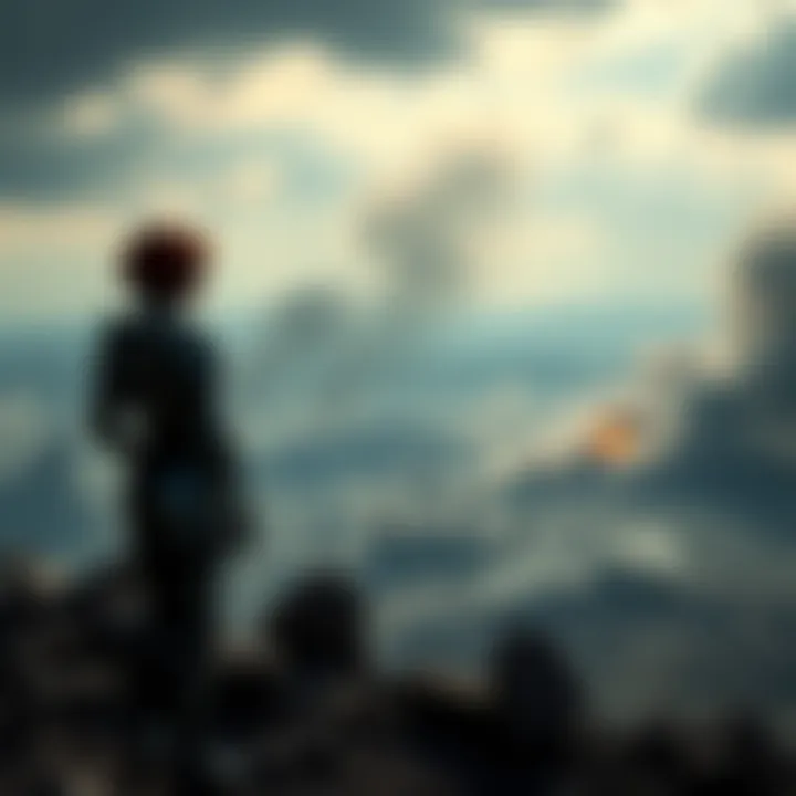 Cortana stands amidst a war-torn landscape, observing the aftermath of the destruction on Doisac, with rubble and smoke filling the sky.