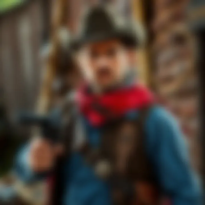 Corvo Attano dressed in cowboy attire, holding a revolver and looking confident in a rugged western setting.