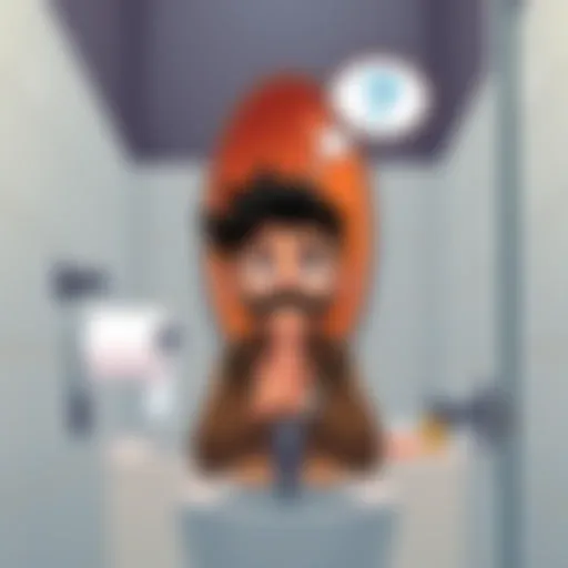 Corvo in a restroom setting A playful illustration showing Corvo looking thoughtful in a bathroom, with humorous elements like a toilet paper roll and a comic-style question mark above his head, reflecting on his bathroom habits.