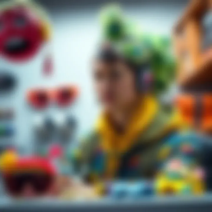 A gamer wearing a colorful outfit with peacock feathers, looking frustrated at mismatched designs on their character, surrounded by various cosmetic accessories.