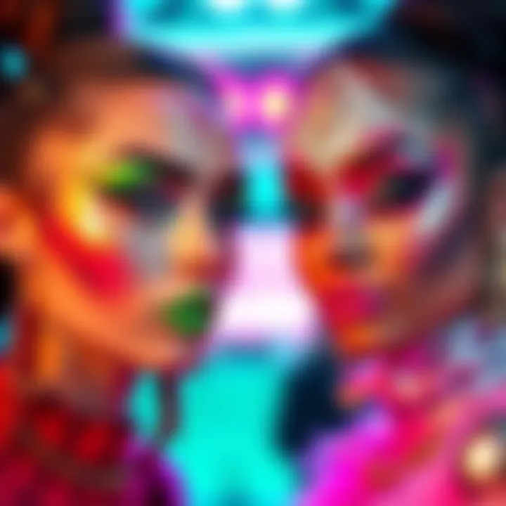 Sable and Unknown showcase their makeup styles in a vibrant competition setting, with bright colors and unique designs.