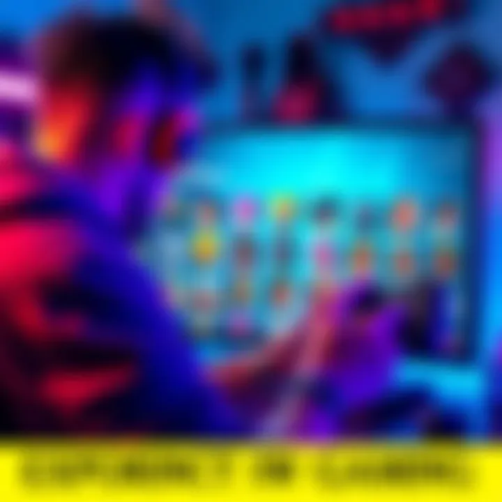 A gamer customizing a character's appearance with various cosmetic options on a screen, showcasing colorful skins and accessories.