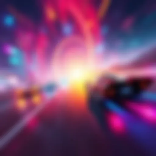 Exciting racing scene on the Cosmic Highway with vibrant colors and fast vehicles.