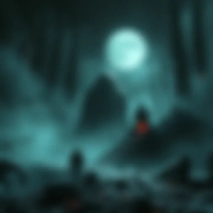 A dark, eerie landscape with shadowy creatures inspired by Lovecraftian themes, featuring a player character navigating through a haunted environment.