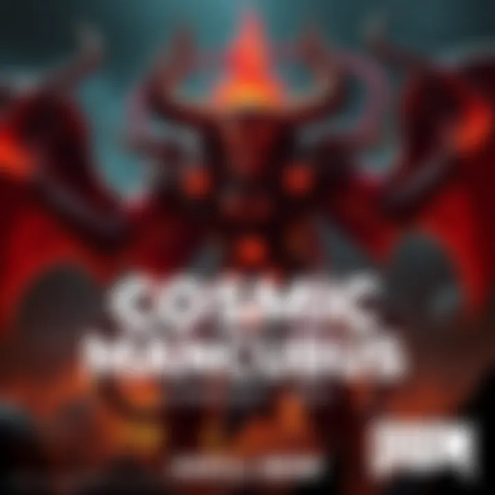 Art of the Cosmic Mancubus, a large demon character with mechanical elements and a fiery appearance, set in a dark, ominous environment.