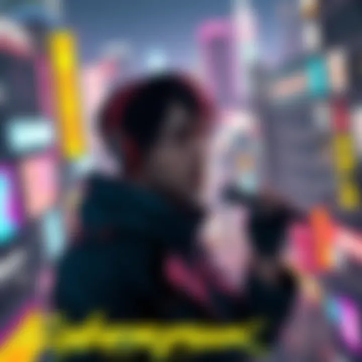 Character from Cyberpunk 2077 speaking in Japanese while surrounded by a vibrant cityscape