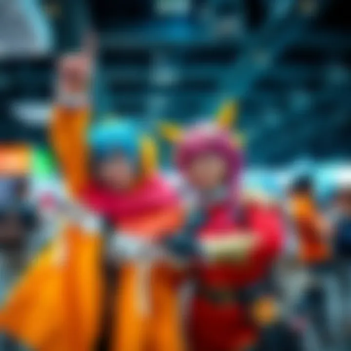 Cosplay Duo at Convention A duo dressed in vibrant costumes at a convention, showcasing their characters with excitement.