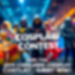 Colorful graphic promoting a $100,000 cosplay contest with characters in costumes