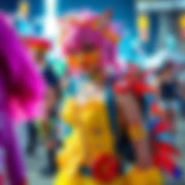 A vibrant My Songbird cosplay with colorful outfits and creative designs at a Dogtown event