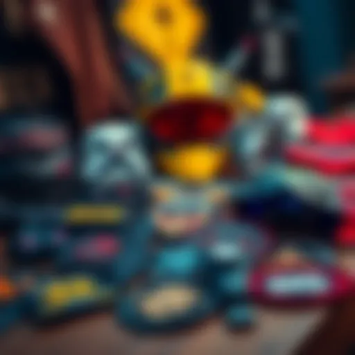 A collection of quality cosplay gear featuring deek character accessories and patches on a table
