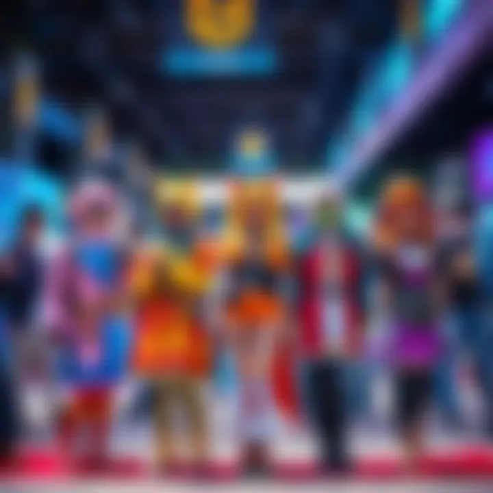 A group of cosplayers in popular costumes for 2026, showcasing vibrant colors and creative designs at a convention.