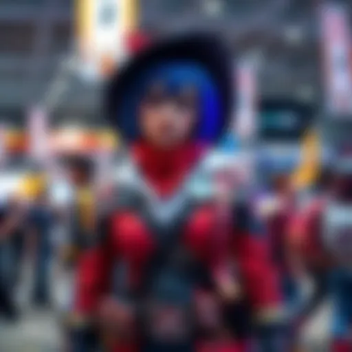 A cosplayer dressed as a popular character stands proudly at a cosplay convention, showcasing intricate costume details and accessories.