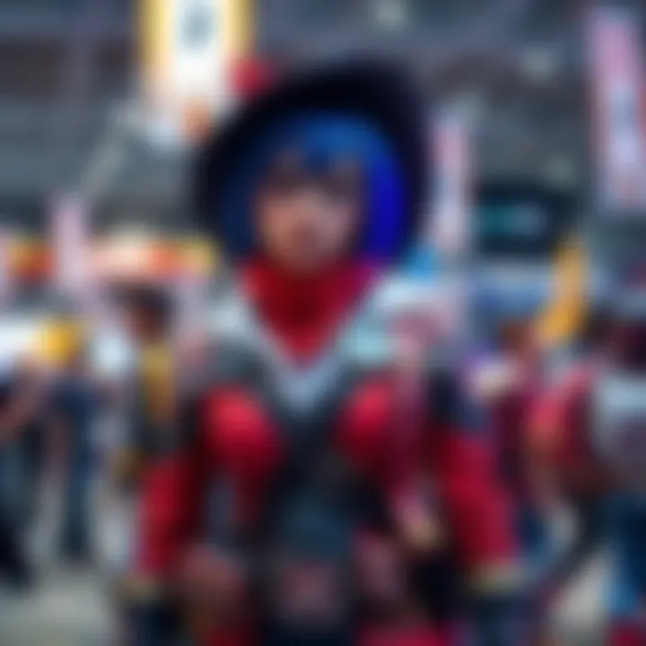 A cosplayer dressed as a popular character stands proudly at a cosplay convention, showcasing intricate costume details and accessories.