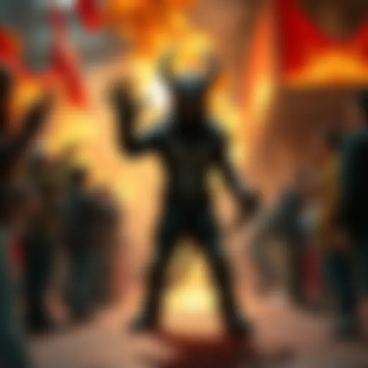 A cosplayer dressed as a Demogorgon stands in a chaotic scene at a local fort, surrounded by people reacting to the unusual sight.