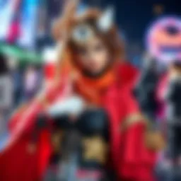 A cosplayer showcasing a vibrant and bold fashion outfit inspired by iconic characters, complete with elaborate accessories and a striking pose.