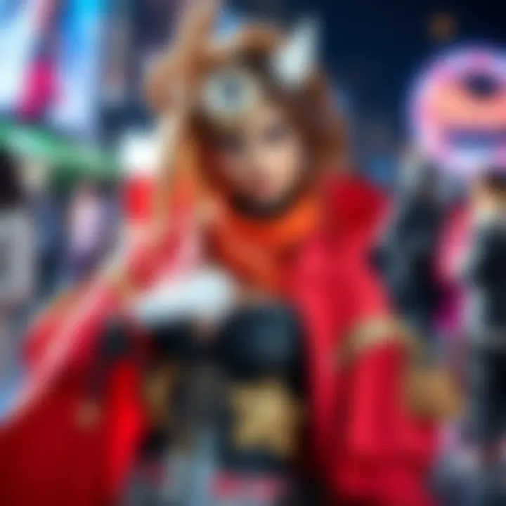 A cosplayer showcasing a vibrant and bold fashion outfit inspired by iconic characters, complete with elaborate accessories and a striking pose.