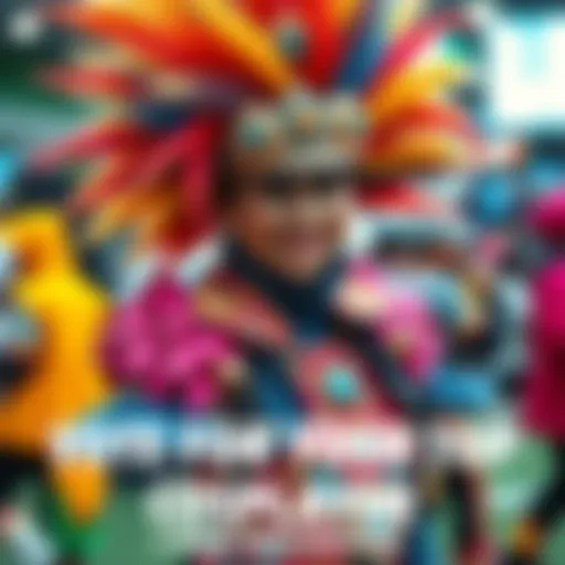 A colorful cosplayer showcasing an intricate costume with detailed accessories, smiling and posing for the camera