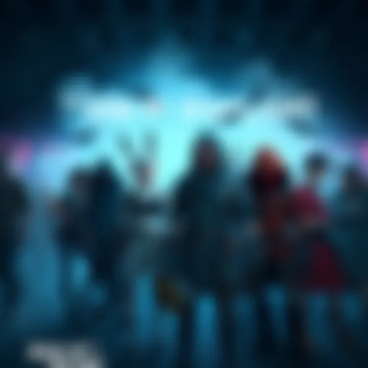 A group of cosplayers in costumes inspired by Dead By Daylight characters at the Eranos event, with fog effects in the background