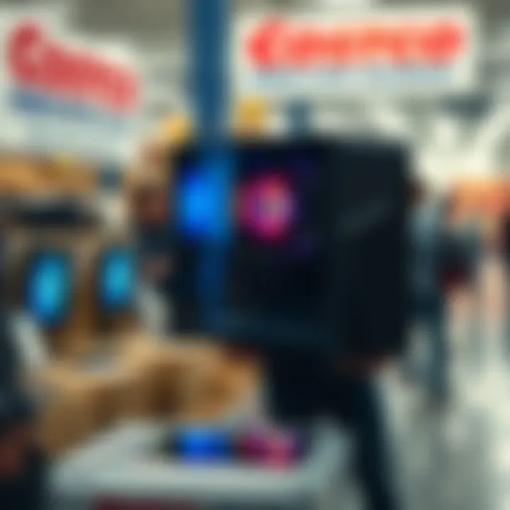 A customer at Costco showing off the 5090/9950X3D PC they purchased for £2400, with others in the background looking at the display.