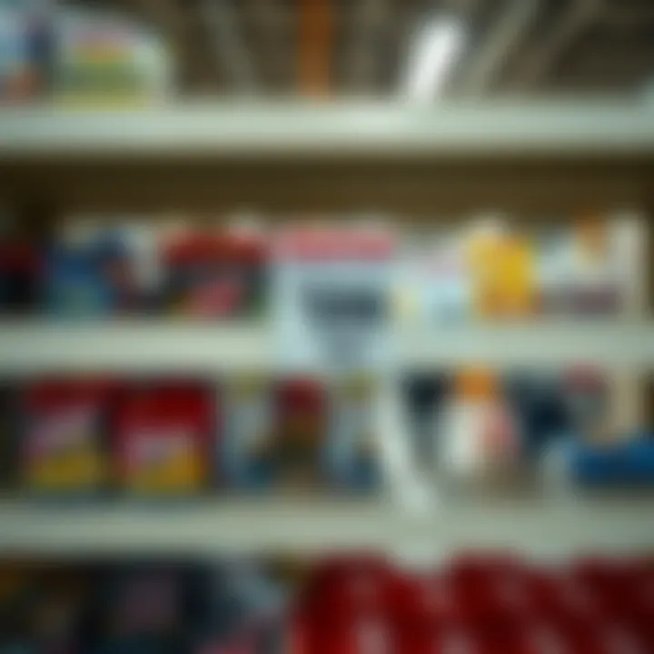 Costco price tag on a shelf A close-up of a Costco shelf displaying a price tag for a popular item, with shoppers looking on in the background.