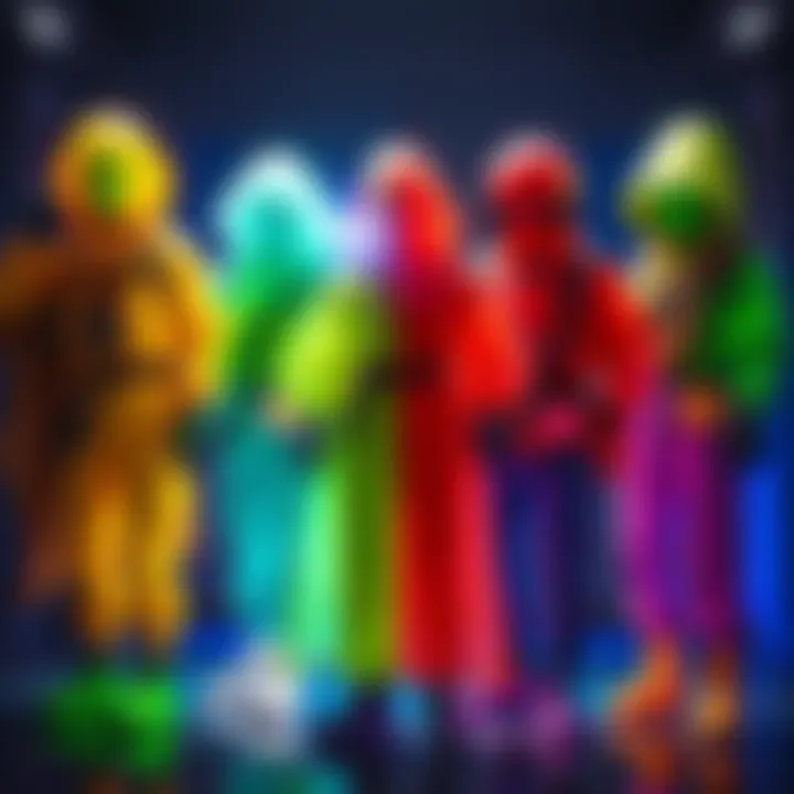 Colorful costume options A variety of costume colors displayed side by side, highlighting the difference between in-game cash options and real money options.