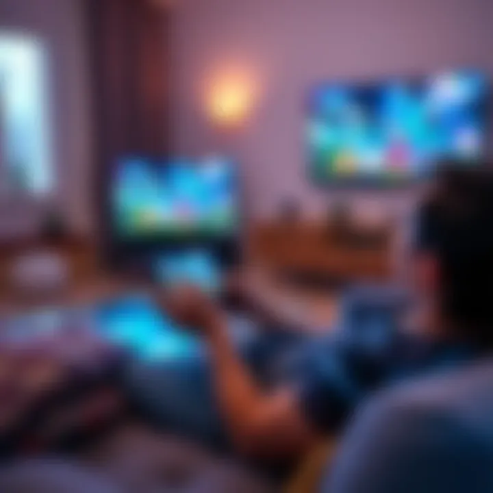 A person relaxing on a couch, playing a casual game on a tablet while watching a show on TV