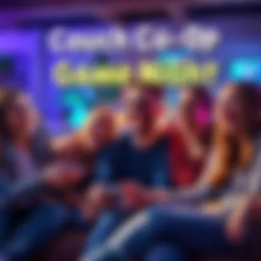 A group of friends enjoying a couch co-op game together, smiling and having fun while playing