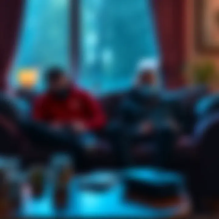 Two players sitting on a couch, playing a story-driven video game on a PS5 and NS2 with controllers in hand and snacks nearby