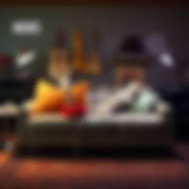 A couch surrounded by humorous props, suggesting a lighthearted atmosphere.