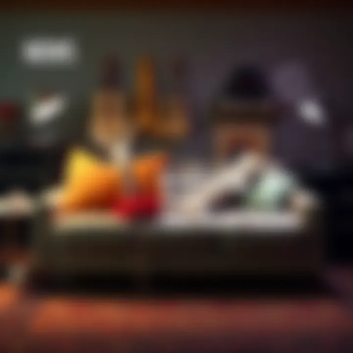 A couch surrounded by humorous props, suggesting a lighthearted atmosphere.