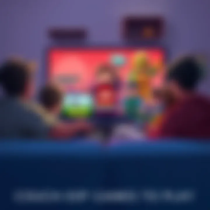 Group of friends playing couch co-op games together, featuring characters from Minecraft Dungeons, Terraria, Lego Fortnite, and Revenge of the Savage Planet on the screen.
