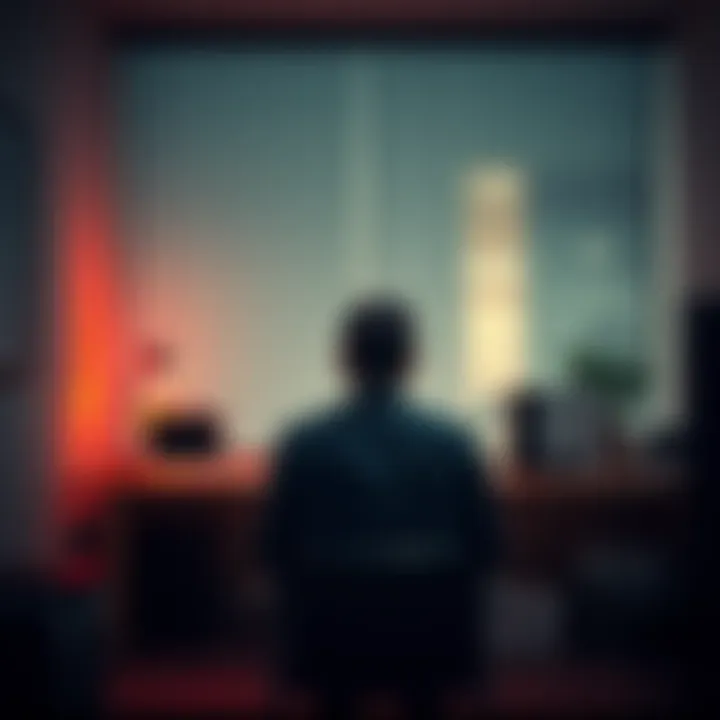 A counsellor sitting alone in a quiet office, looking contemplative and emotional as they reflect on their experiences with clients.