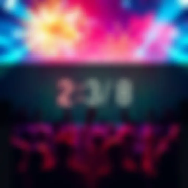 A vibrant graphic showing a countdown timer with excitement in the background as people celebrate the upcoming 2v8 launch