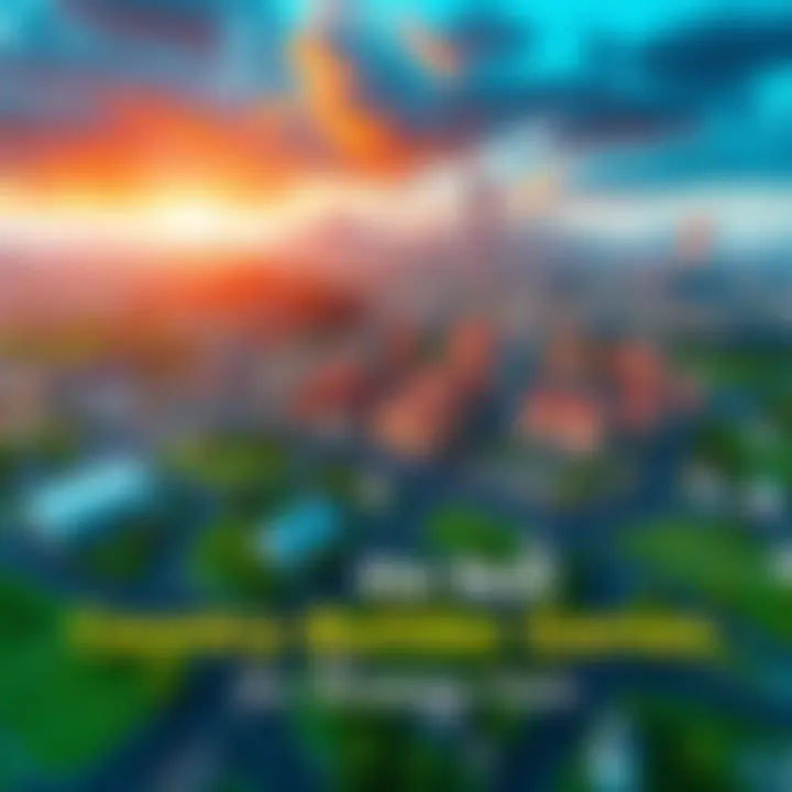 A digital landscape showing a vibrant city with buildings, roads, and green spaces, illustrating the management of infrastructure and finance in a country-builder game.