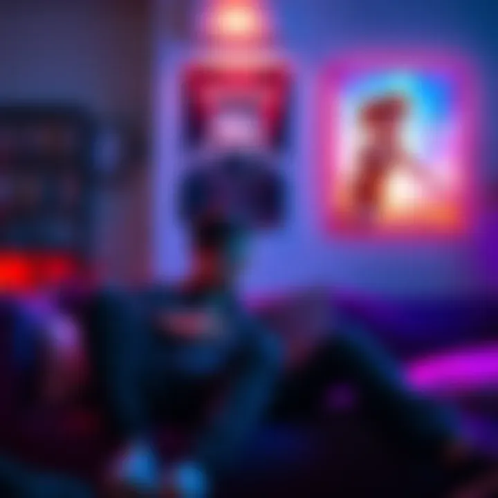 A couple sitting together, looking at a laptop with game options, inspired by a movie poster on the wall.