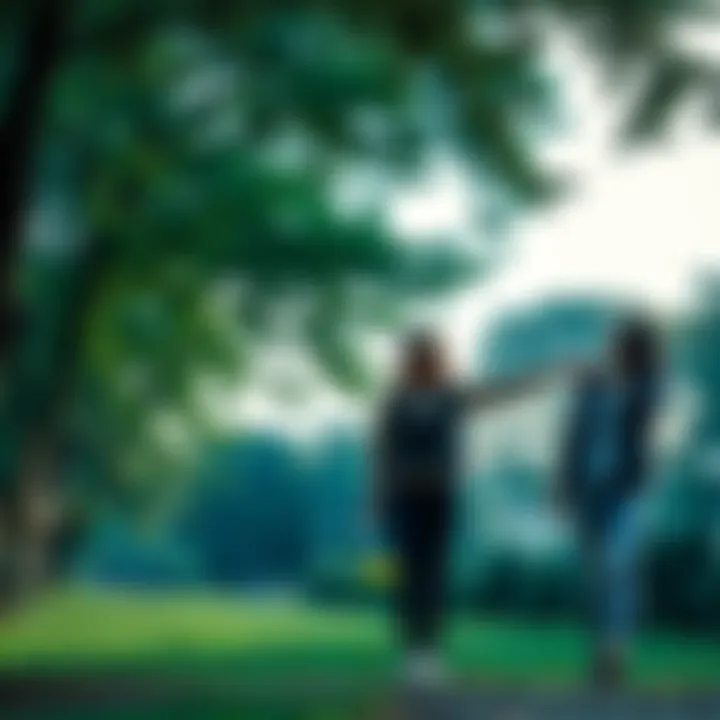 A couple holding hands, standing together in a park, smiling and looking towards the horizon as trees sway gently in the breeze, symbolizing love and growth through change.