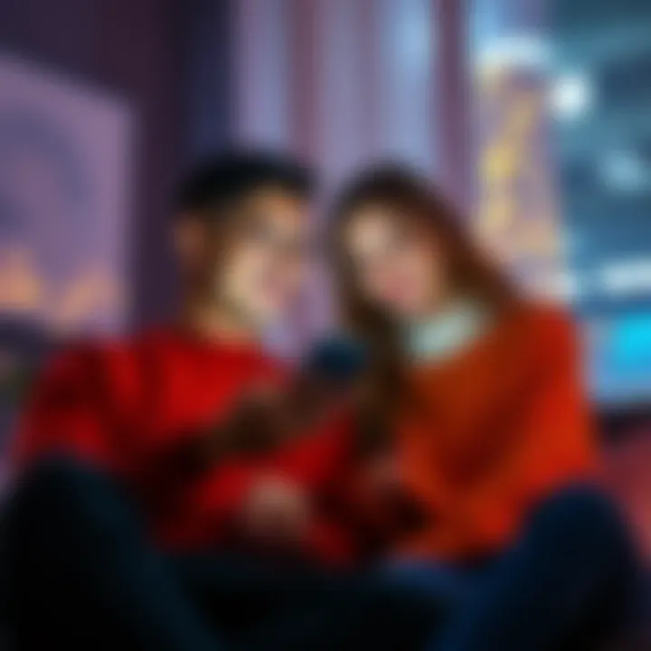 Couple flirting online A couple chatting and flirting through their smartphones in a cozy setting, showcasing modern digital romance.