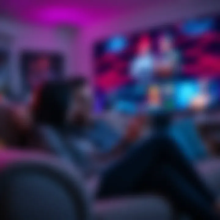 A couple sitting together on a couch, playing a narrative video game with engaging visuals on the screen.