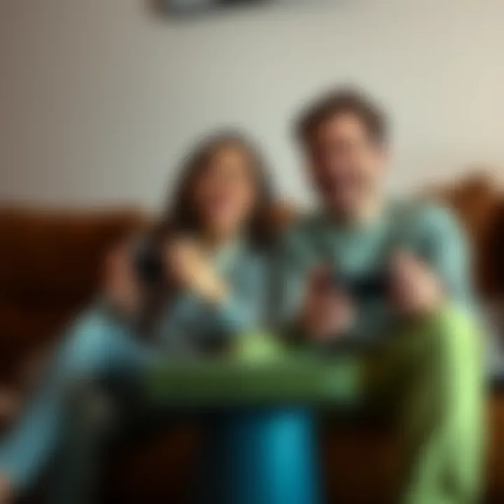A happy couple playing video games on an Xbox One console, enjoying their time together with game controllers in hand, sitting on a couch.