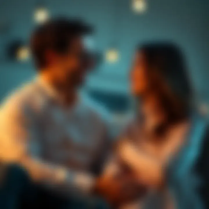 Couple sharing a heartfelt moment Man and woman sitting together, smiling and looking at each other, representing love and connection