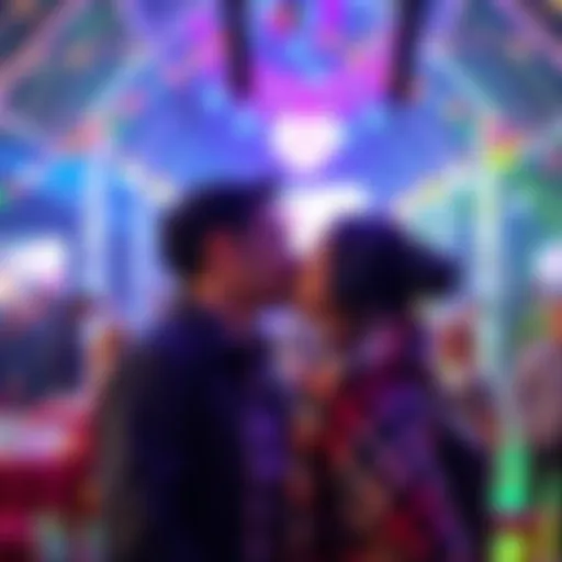 Couple on Kisscam at an event Happy couple sharing a kiss in front of a Kisscam during a lively event