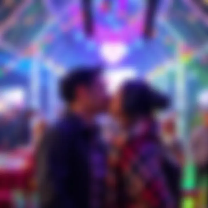 Couple on Kisscam at an event Happy couple sharing a kiss in front of a Kisscam during a lively event