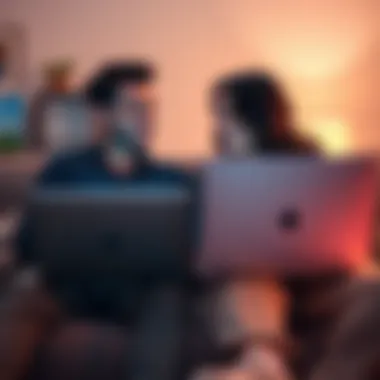 A long-distance couple video chatting while playing a co-op game on their Macs, smiling and enjoying their time together.