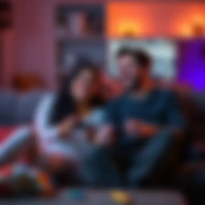 A couple enjoys playing a fun couch co-op game together with smiles on their faces and snacks nearby.